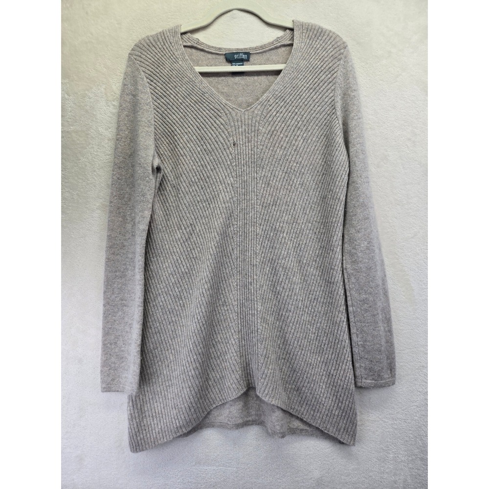 Griffen Cashmere V-Neck Ribbed Tunic Sweater Oatmeal Beige Tan Women Medium Flaw